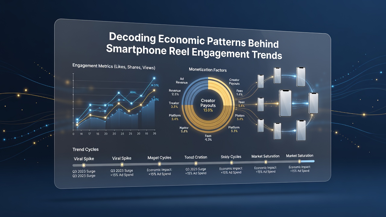 Smartphone screen showing slot reel interface with overlaid engagement analytics and economic trend graphs