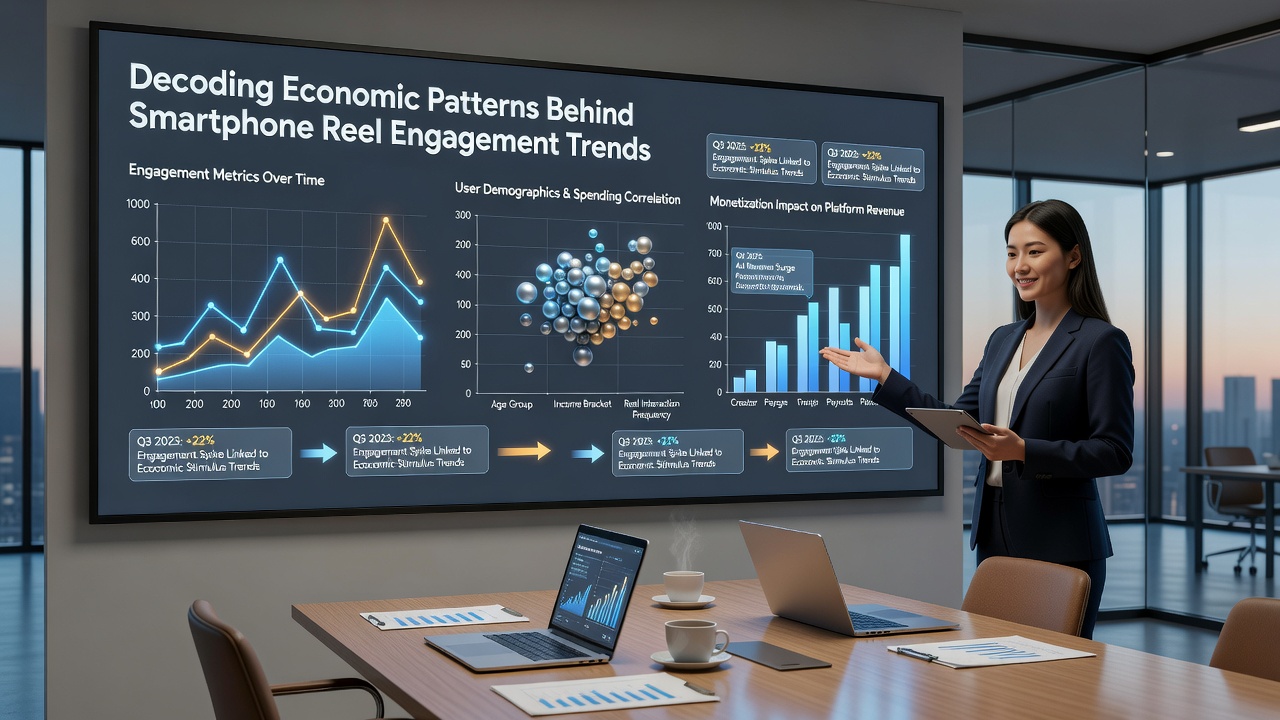 Analytics dashboard displaying regional smartphone reel engagement data and economic correlation charts