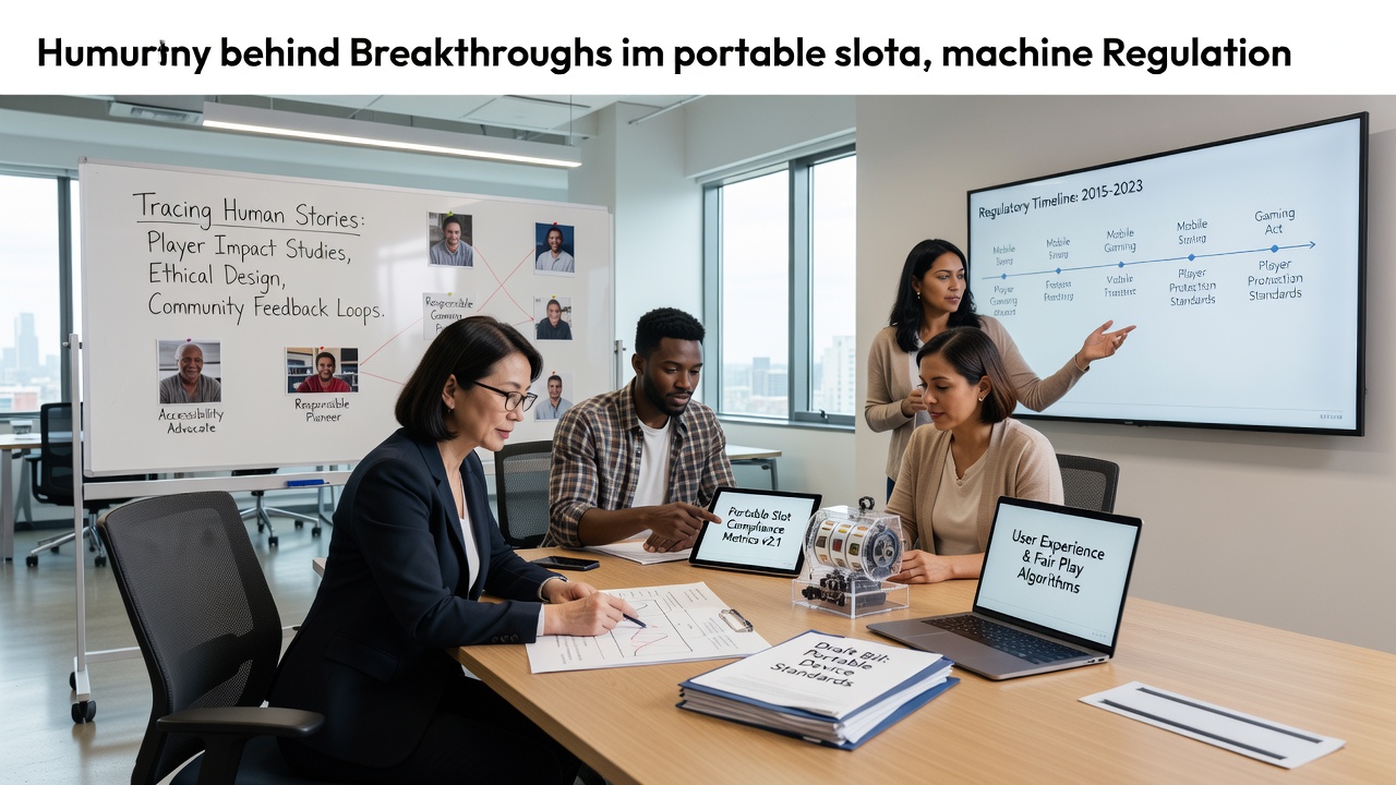 Regulatory officials reviewing portable slot compliance documents in a modern office setting